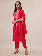 Handworked Red Kurta With Pant And Dupatta Set, Multicolor - Hiral Fashion - Distacart