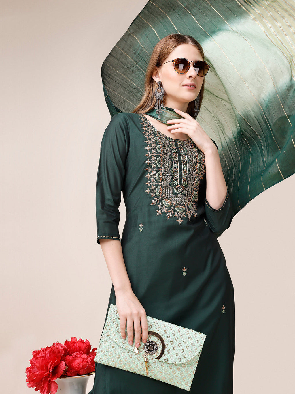 Embroidered Kurta With Pant And Dupatta Set, Multicolor - Hiral Fashion - Distacart
