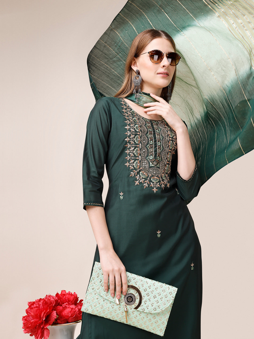 Embroidered Kurta With Pant And Dupatta Set, Multicolor - Hiral Fashion - Distacart