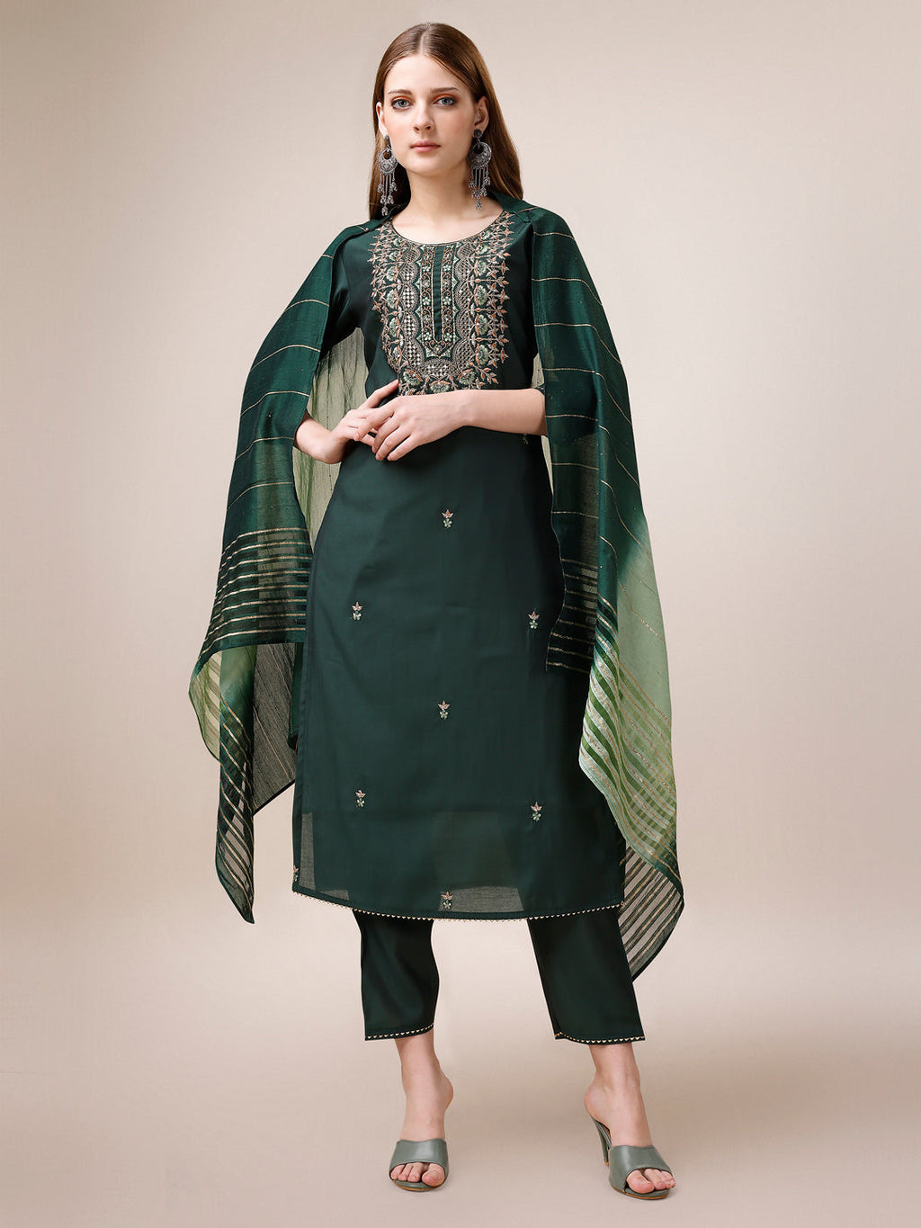 Embroidered Kurta With Pant And Dupatta Set, Multicolor - Hiral Fashion - Distacart