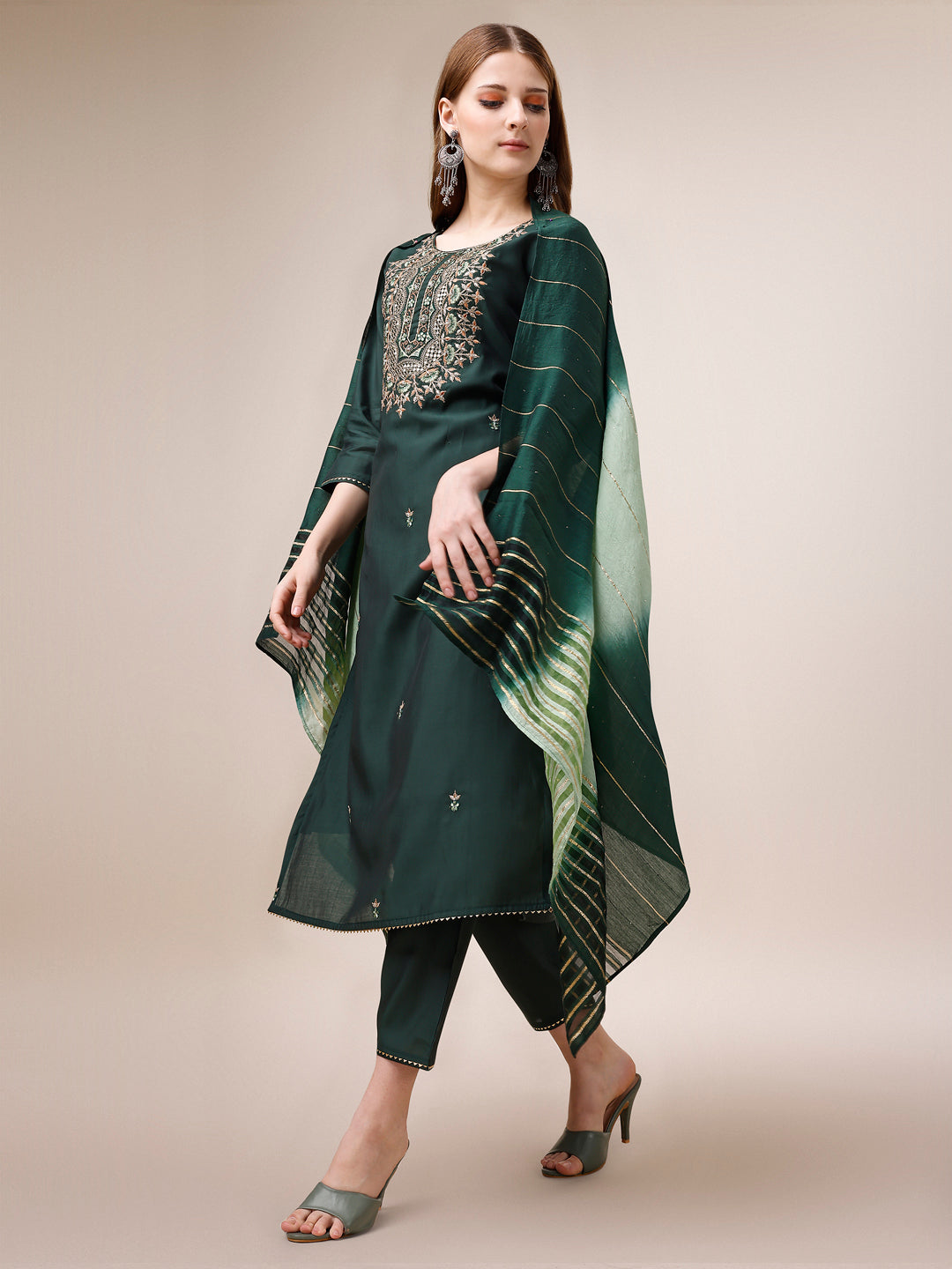 Embroidered Kurta With Pant And Dupatta Set, Multicolor - Hiral Fashion - Distacart