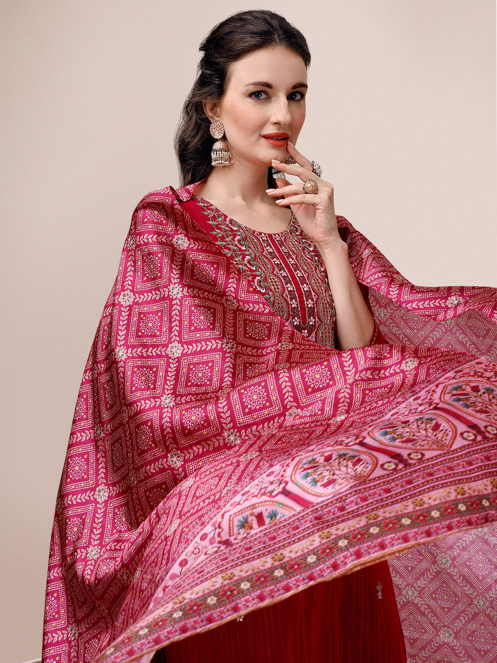 Embroidered Silk Blend Kurta With Pant & Printed Dupatta, Multicolor - Hiral Fashion - Distacart