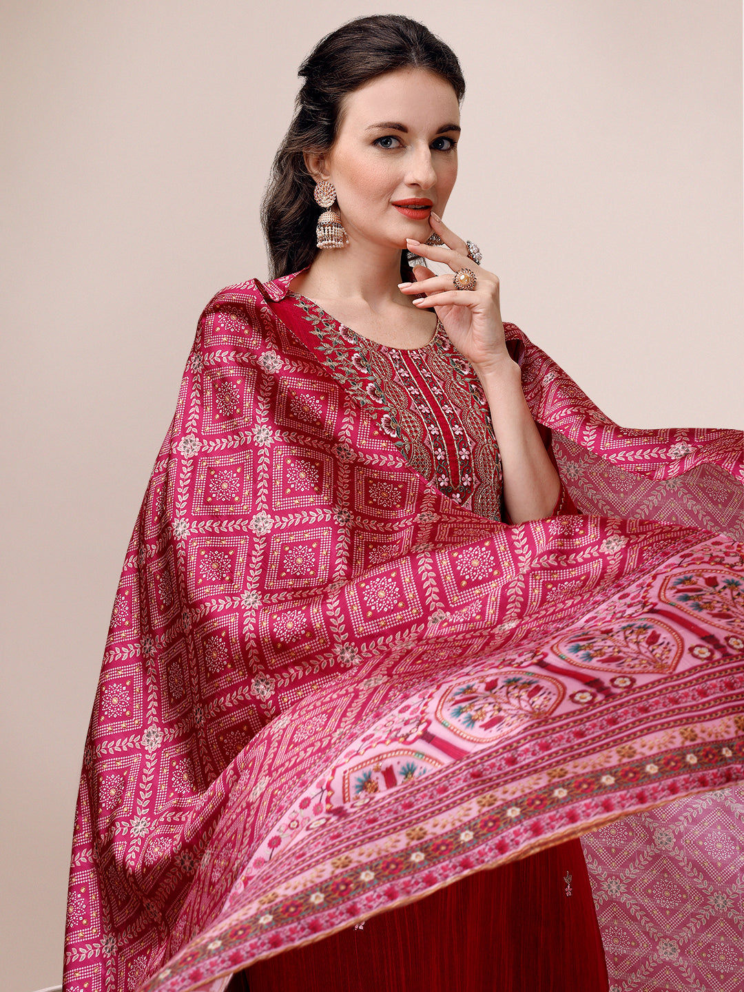 Embroidered Silk Blend Kurta With Pant & Printed Dupatta, Multicolor - Hiral Fashion - Distacart