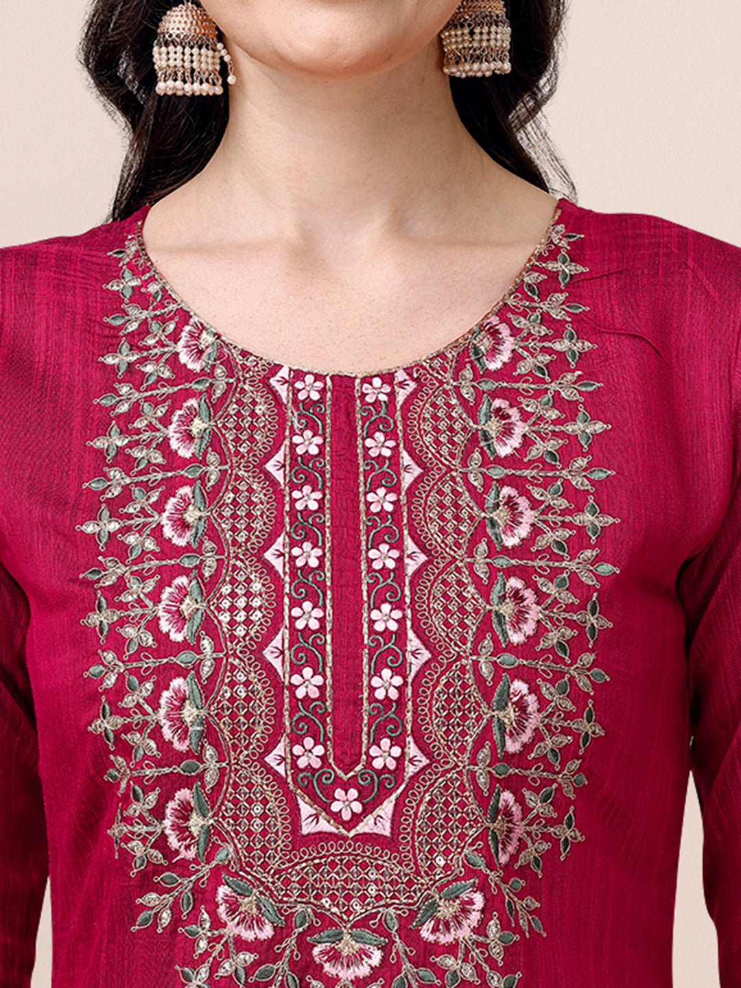 Embroidered Silk Blend Kurta With Pant & Printed Dupatta, Multicolor - Hiral Fashion - Distacart