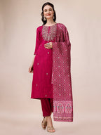 Embroidered Silk Blend Kurta With Pant & Printed Dupatta, Multicolor - Hiral Fashion - Distacart