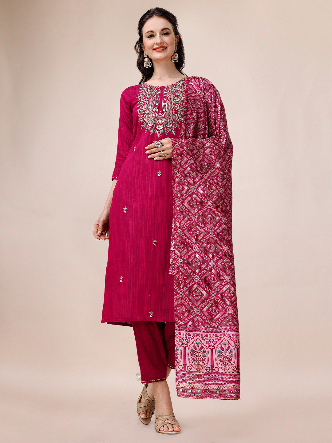 Embroidered Silk Blend Kurta With Pant & Printed Dupatta, Multicolor - Hiral Fashion - Distacart