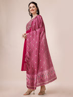 Embroidered Silk Blend Kurta With Pant & Printed Dupatta, Multicolor - Hiral Fashion - Distacart