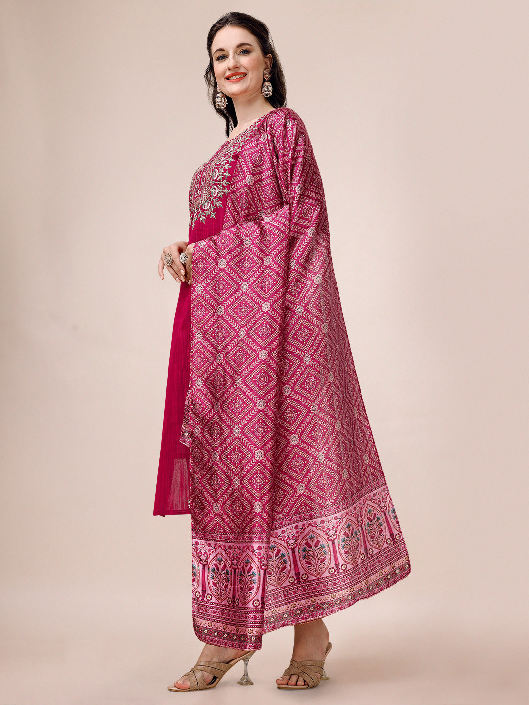 Embroidered Silk Blend Kurta With Pant & Printed Dupatta, Multicolor - Hiral Fashion - Distacart