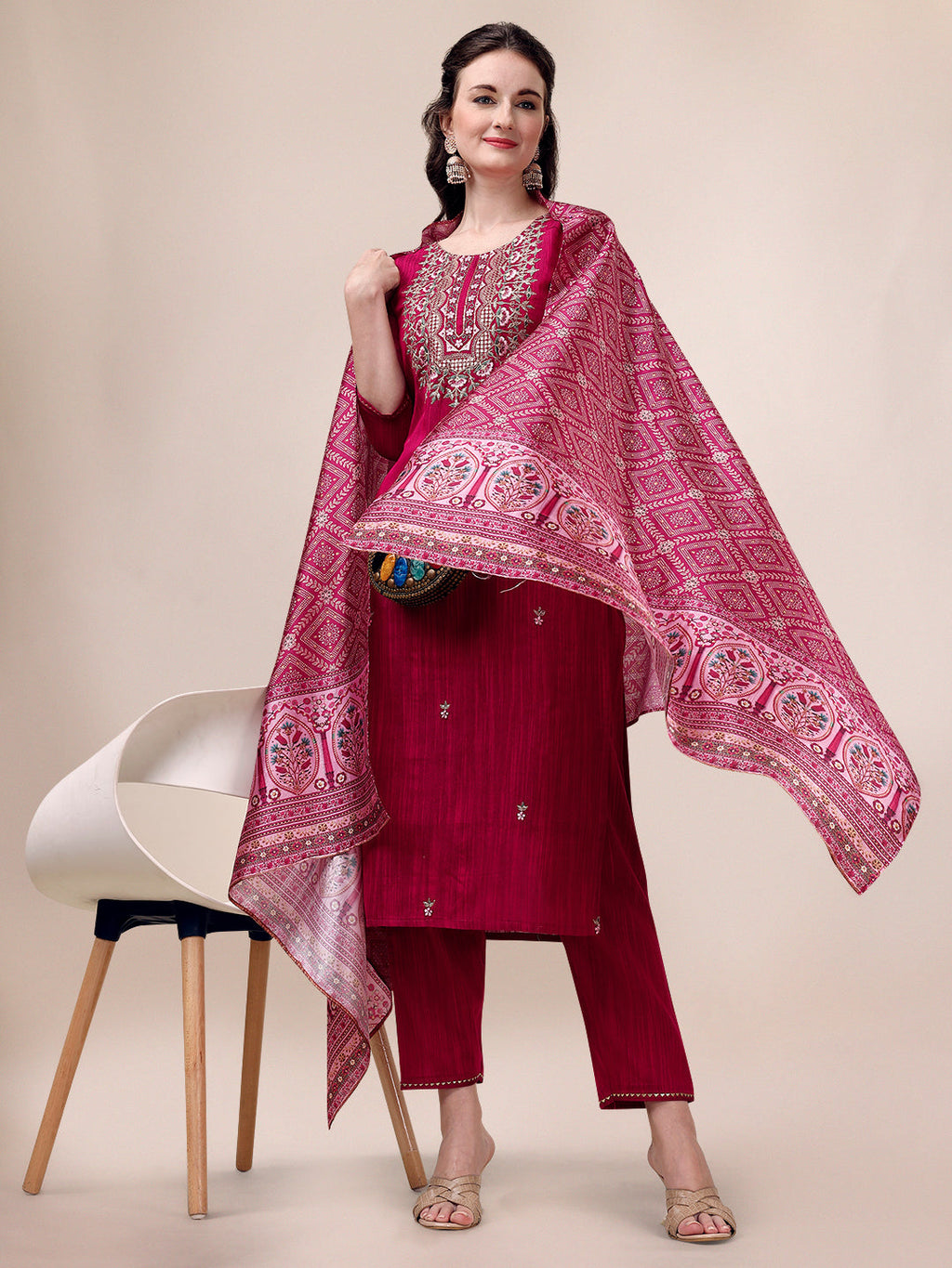 Embroidered Silk Blend Kurta With Pant & Printed Dupatta, Multicolor - Hiral Fashion - Distacart