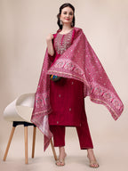 Embroidered Silk Blend Kurta With Pant & Printed Dupatta, Multicolor - Hiral Fashion - Distacart