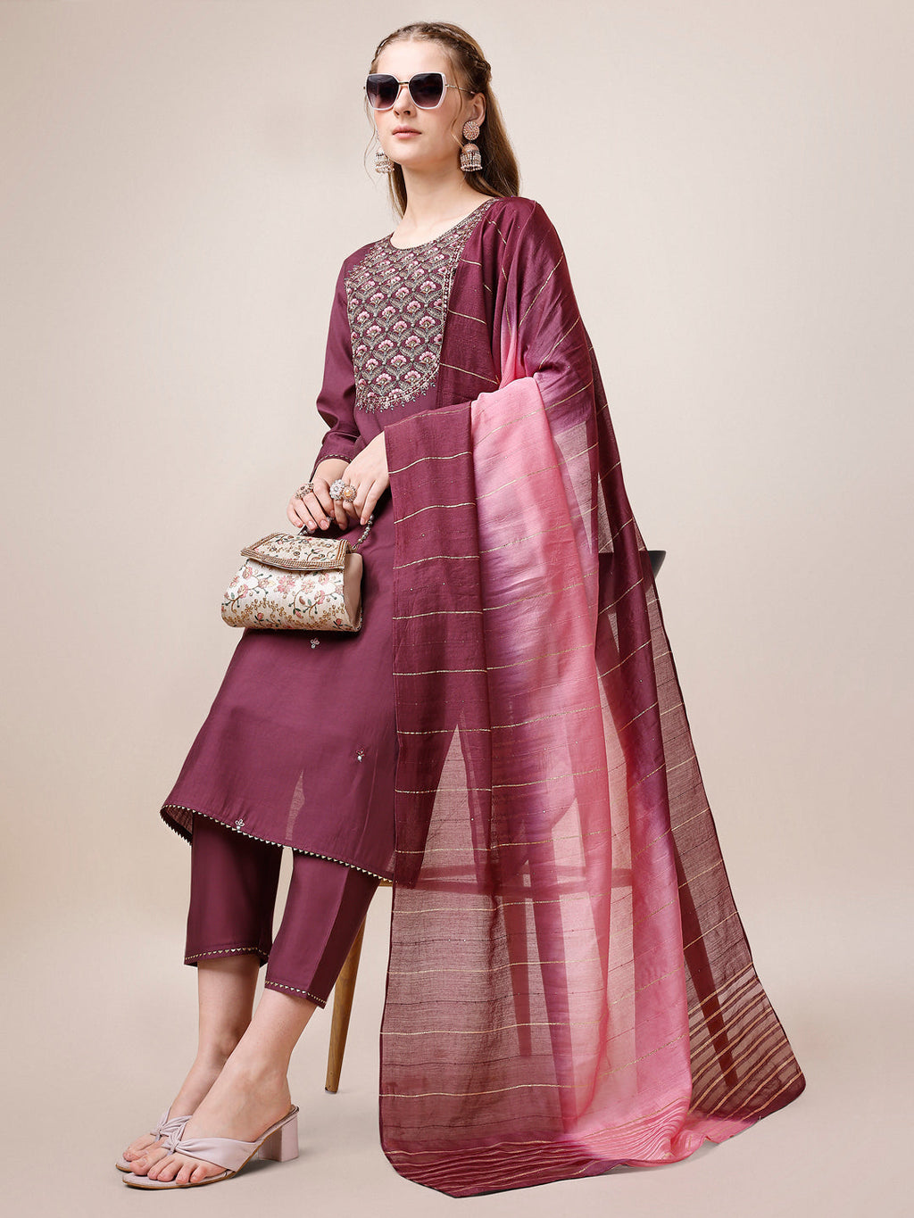 Embroidered Kurta With Pant & Dupatta, Multicolor - Hiral Fashion - Distacart