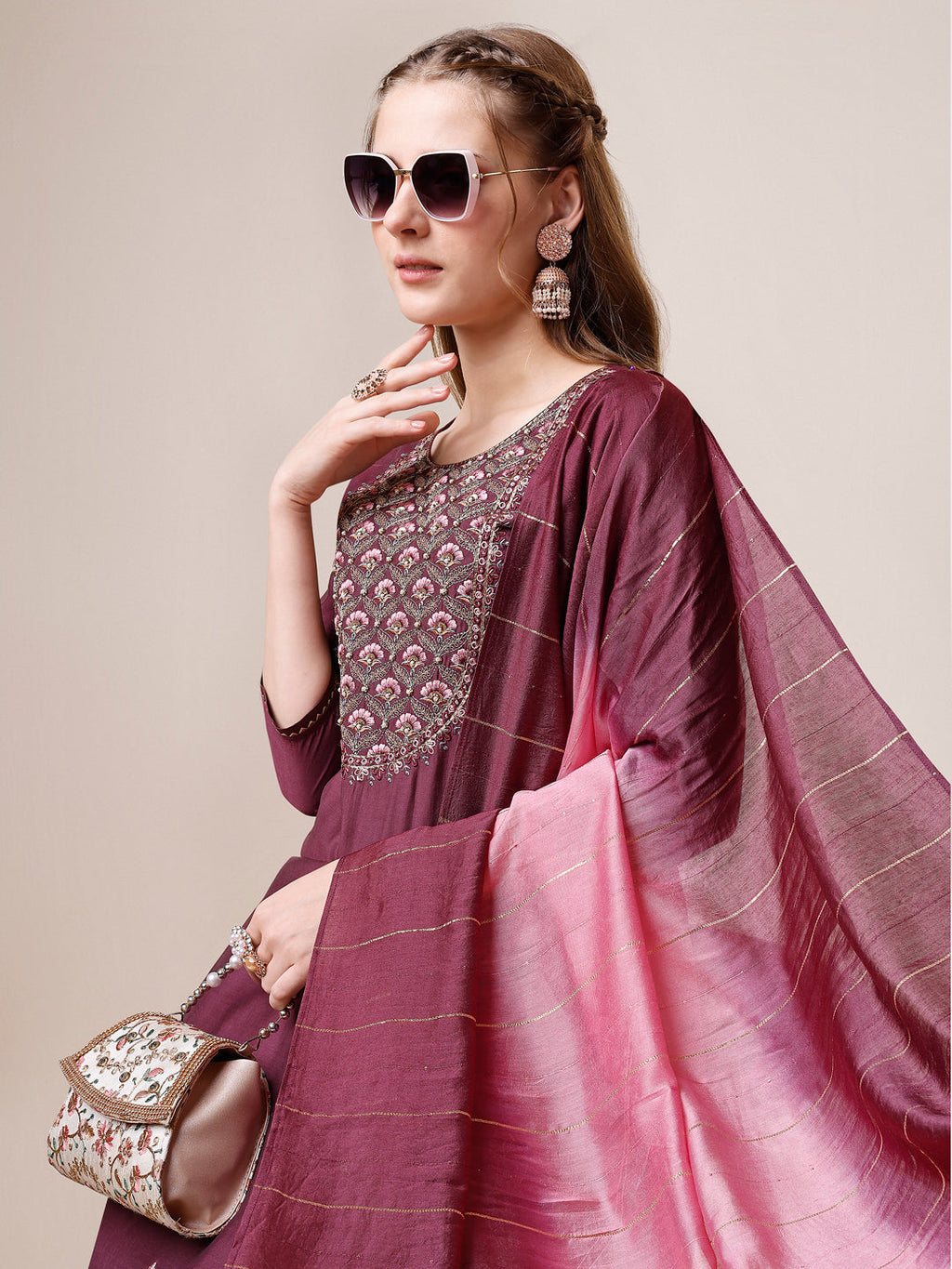 Embroidered Kurta With Pant & Dupatta, Multicolor - Hiral Fashion - Distacart