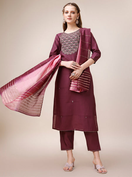 Embroidered Kurta With Pant & Dupatta, Multicolor - Hiral Fashion
