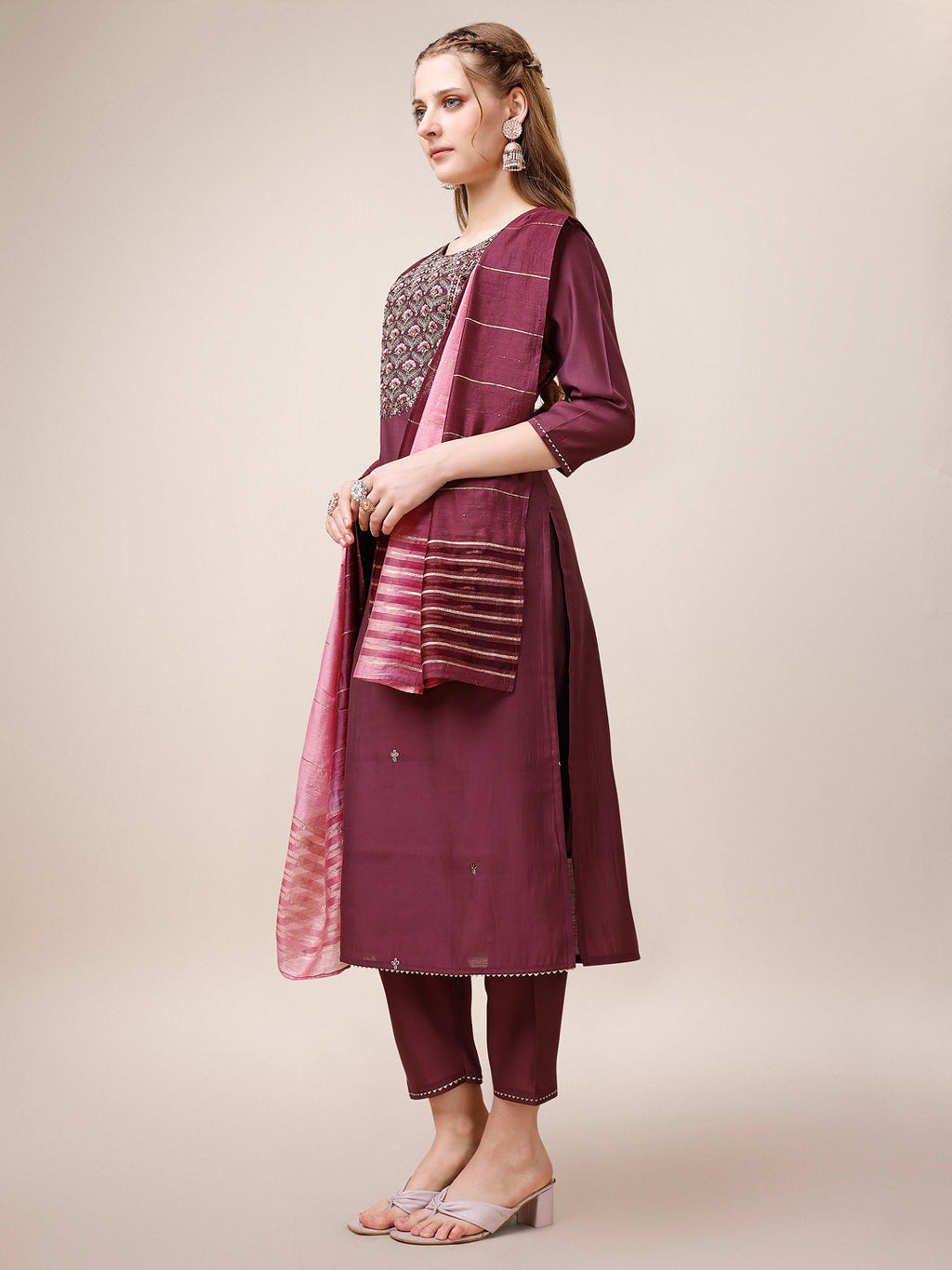Embroidered Kurta With Pant & Dupatta, Multicolor - Hiral Fashion - Distacart