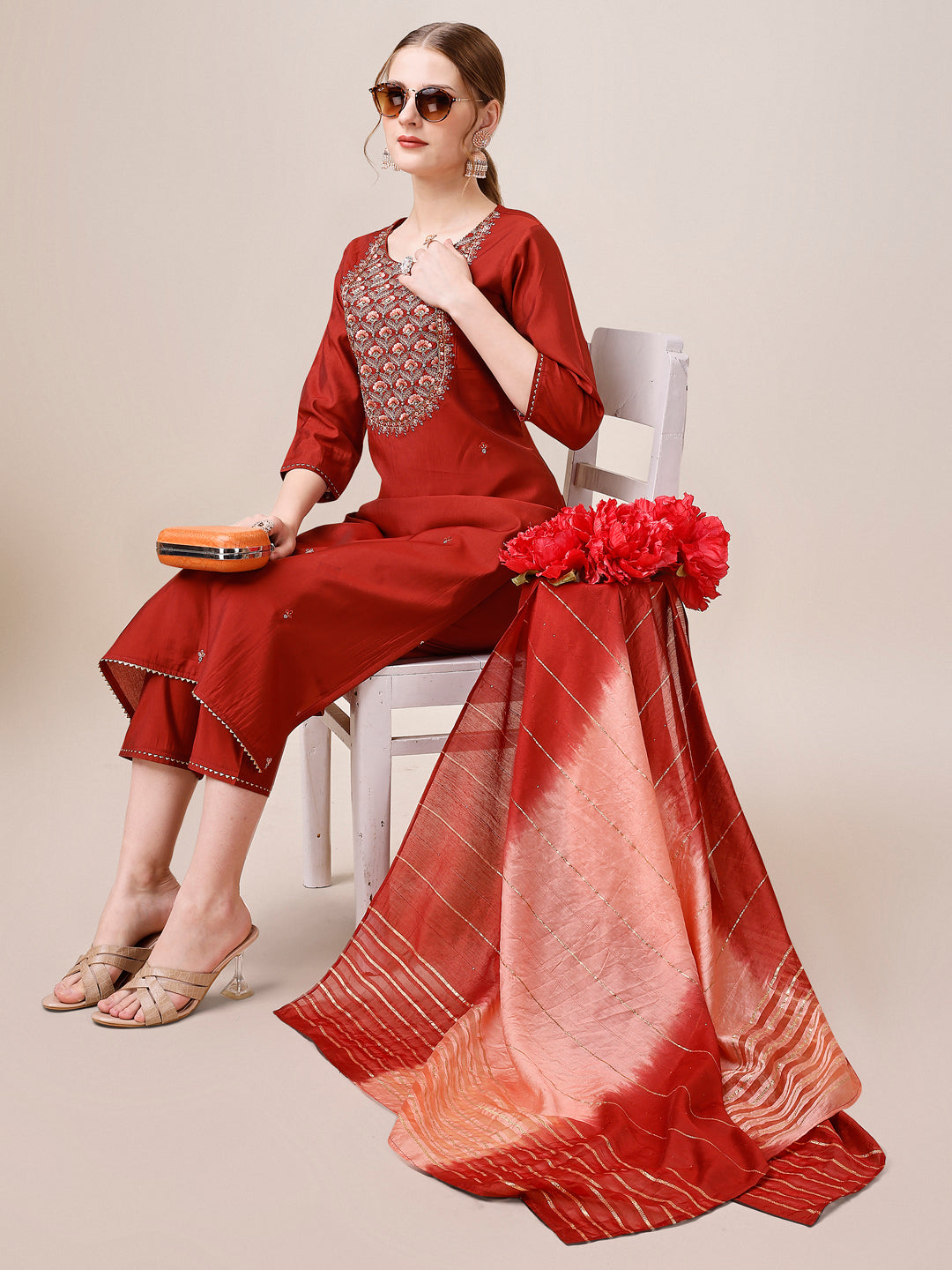 Embroidered Kurta With Pant & Dupatta, Multicolor - Hiral Fashion - Distacart