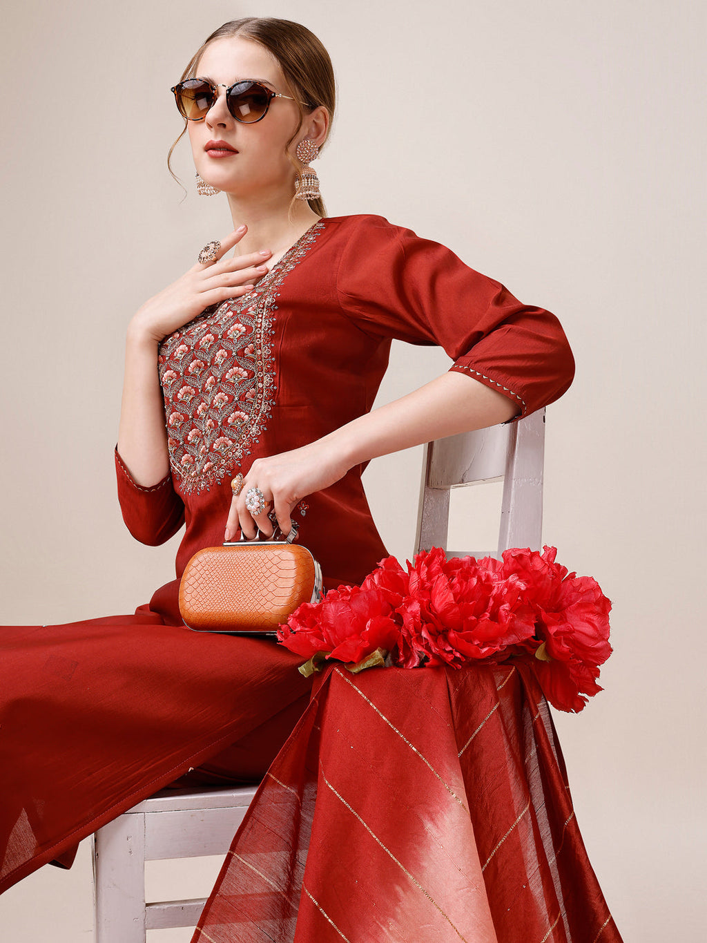 Embroidered Kurta With Pant & Dupatta, Multicolor - Hiral Fashion - Distacart