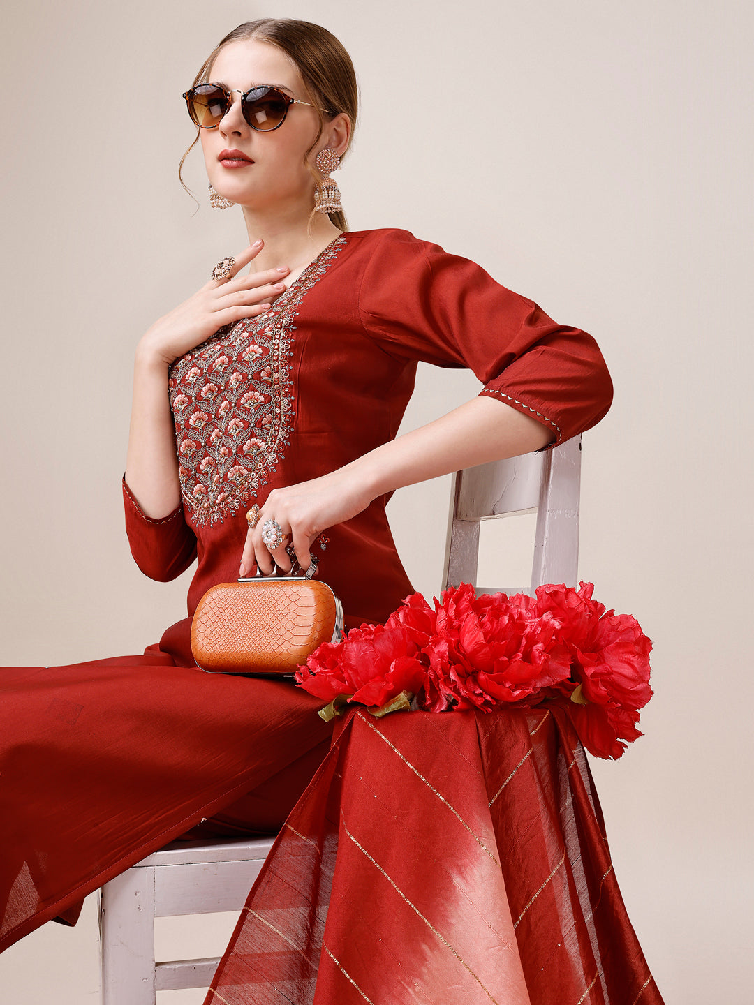 Embroidered Kurta With Pant & Dupatta, Multicolor - Hiral Fashion - Distacart