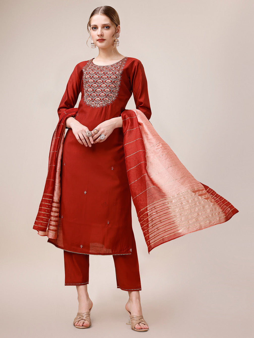 Embroidered Kurta With Pant & Dupatta, Multicolor - Hiral Fashion - Distacart