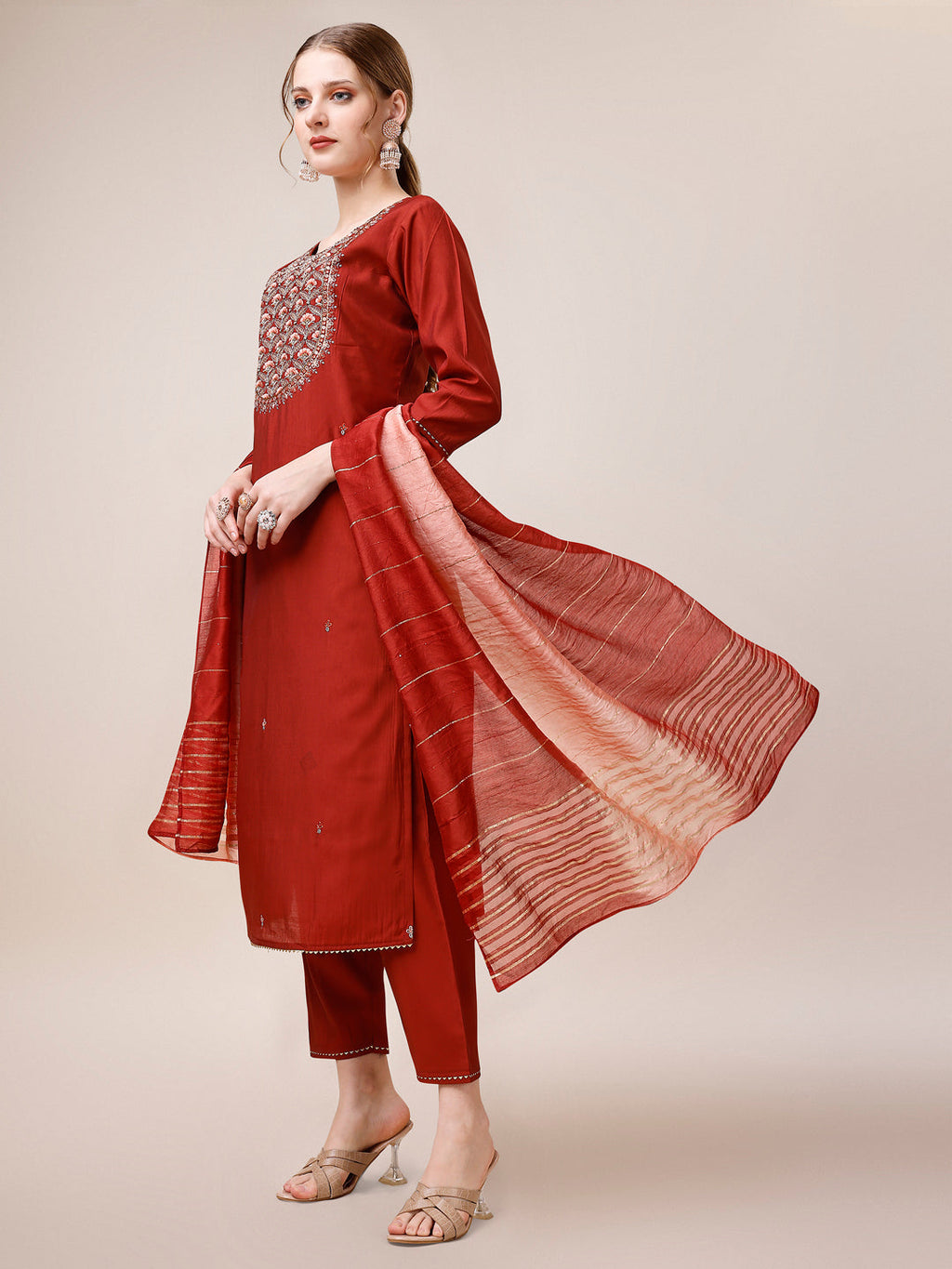 Embroidered Kurta With Pant & Dupatta, Multicolor - Hiral Fashion - Distacart