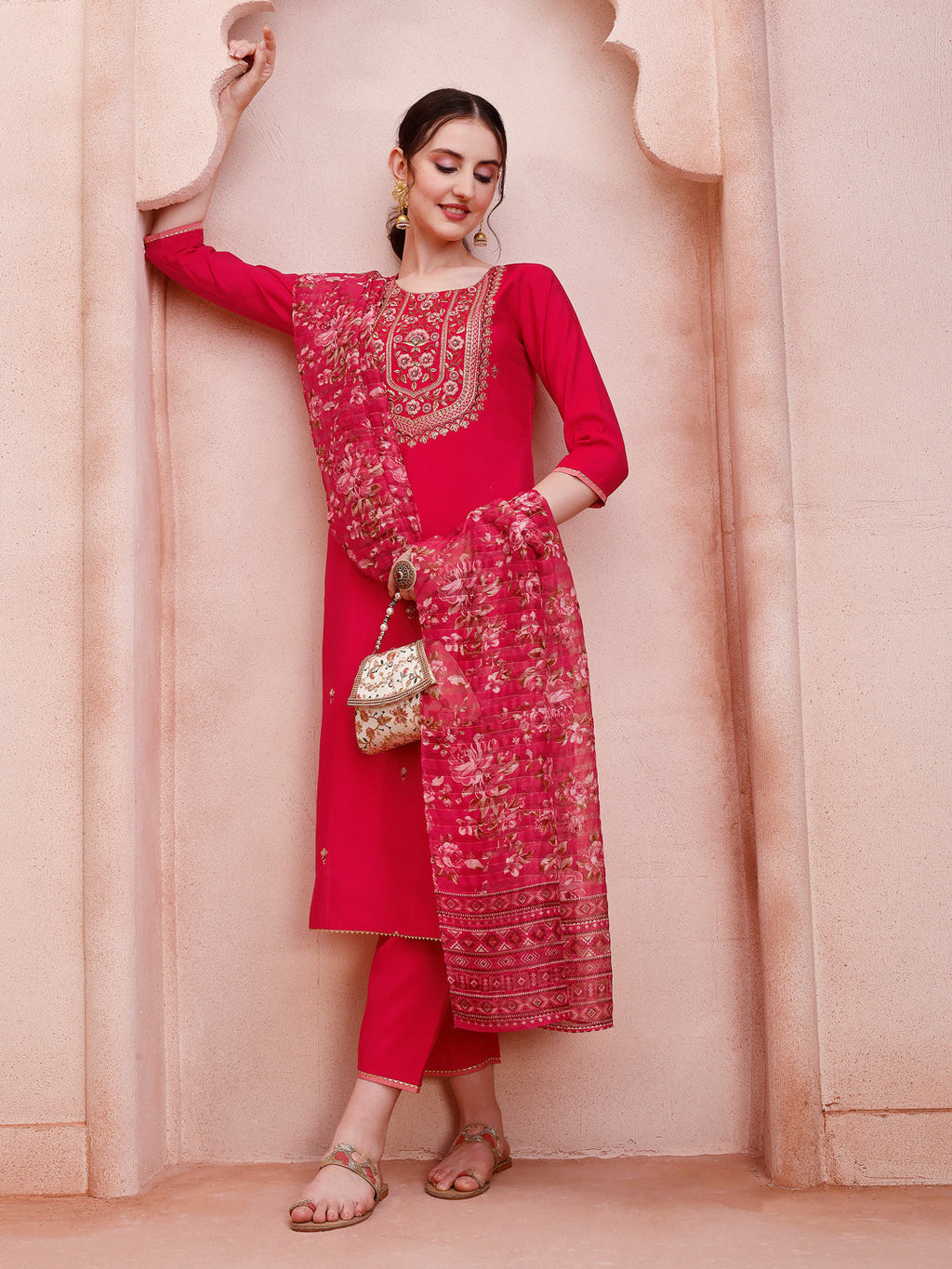 Embroidered Kurta With Pant And Dupatta Set, Multicolor - Hiral Fashion - Distacart
