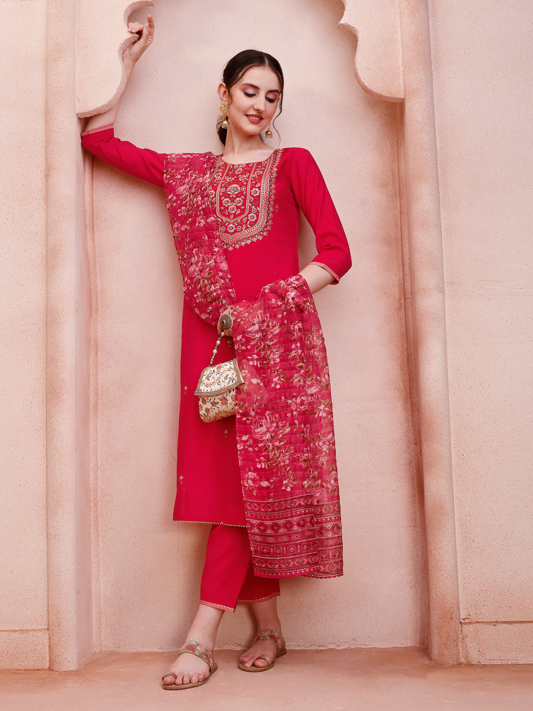 Embroidered Kurta With Pant And Dupatta Set, Multicolor - Hiral Fashion - Distacart