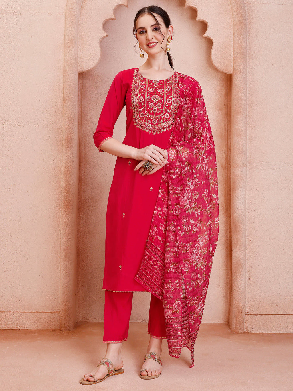 Embroidered Kurta With Pant And Dupatta Set, Multicolor - Hiral Fashion - Distacart