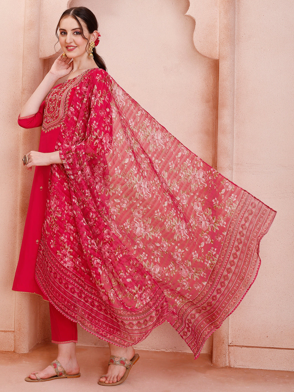 Embroidered Kurta With Pant And Dupatta Set, Multicolor - Hiral Fashion - Distacart