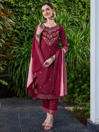 Hand Embroidered Kurta With Pant And Dupatta Set Premium, Multicolor - Hiral Fashion - Distacart