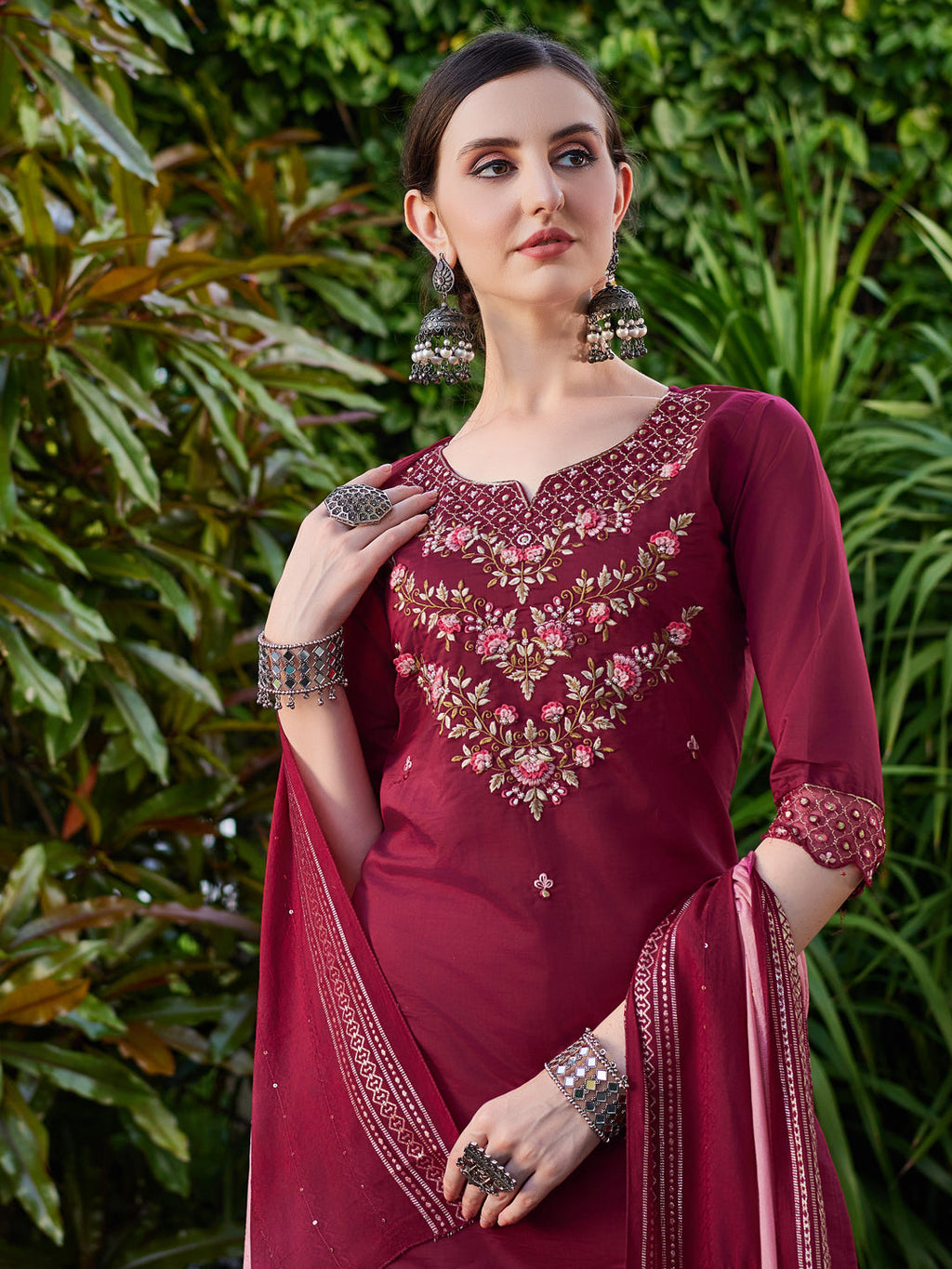 Hand Embroidered Kurta With Pant And Dupatta Set Premium, Multicolor - Hiral Fashion - Distacart