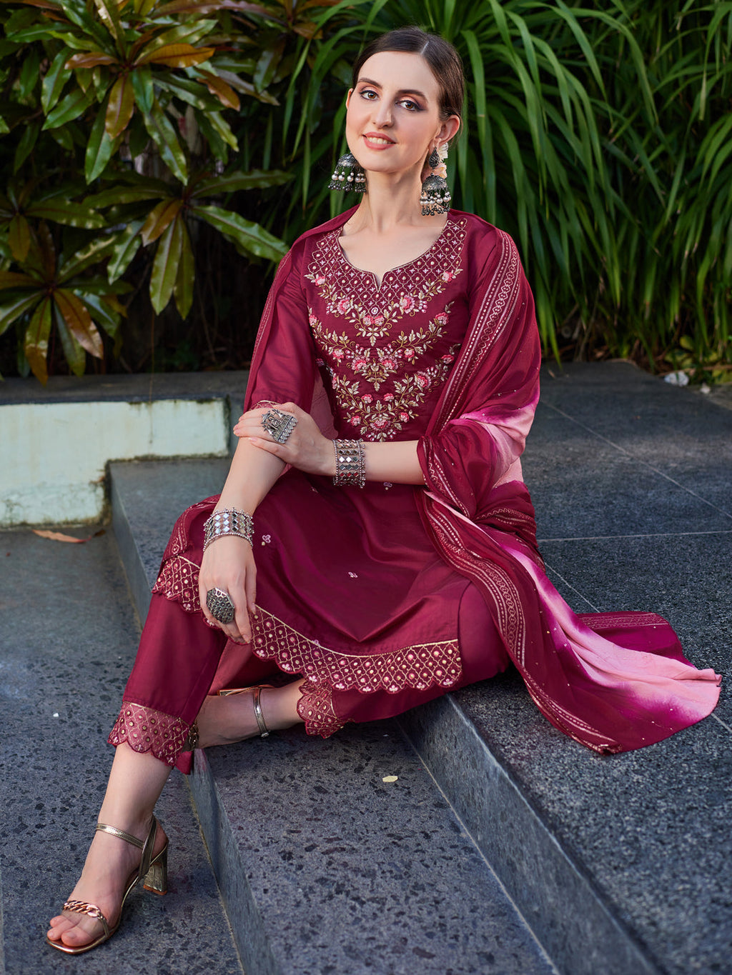 Hand Embroidered Kurta With Pant And Dupatta Set Premium, Multicolor - Hiral Fashion - Distacart