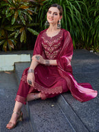 Hand Embroidered Kurta With Pant And Dupatta Set Premium, Multicolor - Hiral Fashion - Distacart