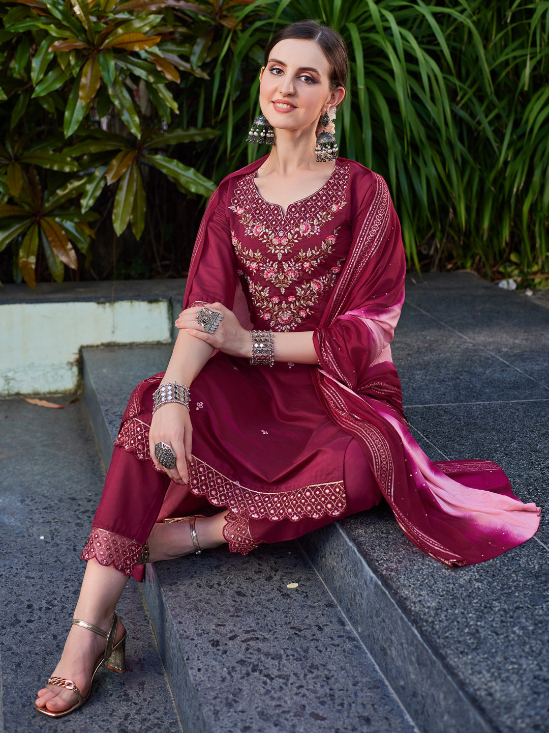 Hand Embroidered Kurta With Pant And Dupatta Set Premium, Multicolor - Hiral Fashion - Distacart