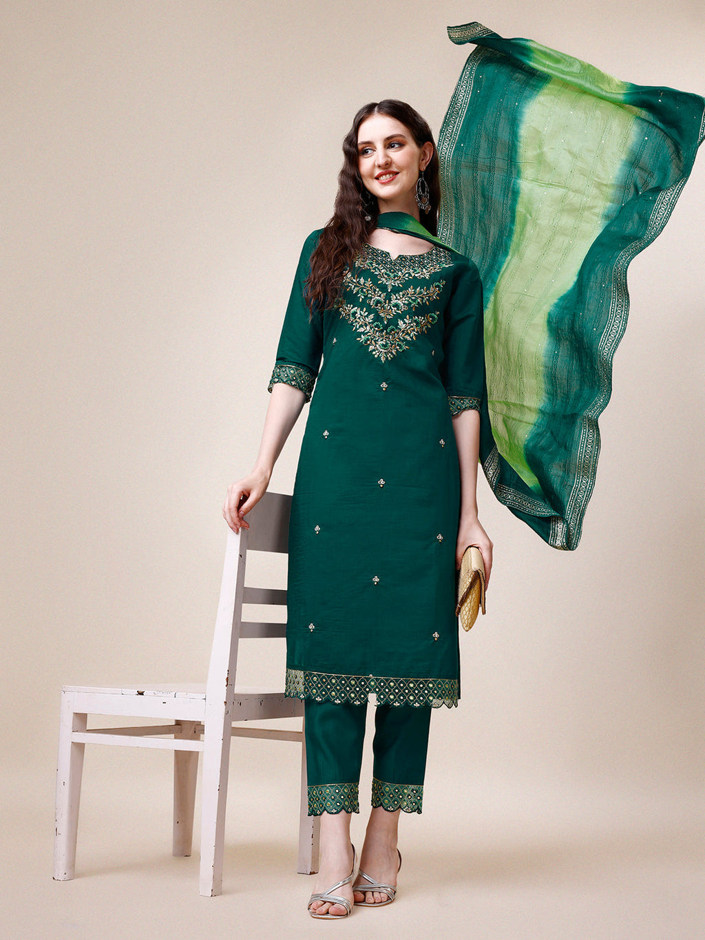 Hand Embroidered Chanderi Kurta With Pant And Dupatta Set Premium, Multicolor - Hiral Fashion - Distacart