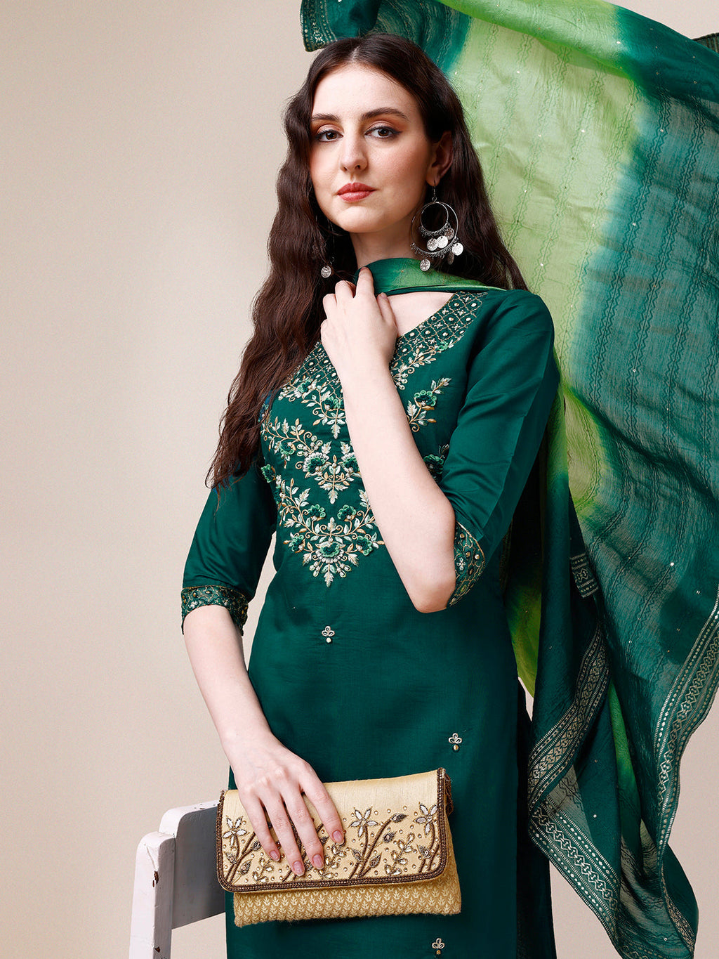 Hand Embroidered Chanderi Kurta With Pant And Dupatta Set Premium, Multicolor - Hiral Fashion - Distacart