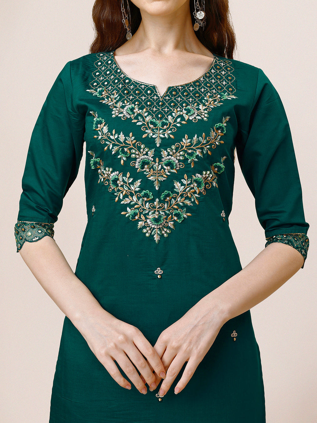Hand Embroidered Chanderi Kurta With Pant And Dupatta Set Premium, Multicolor - Hiral Fashion - Distacart