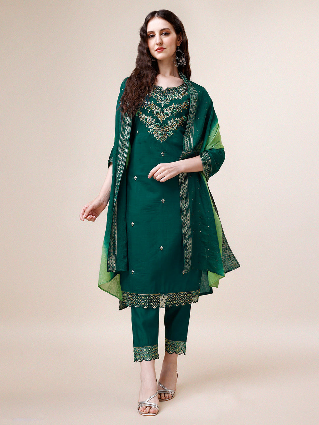 Hand Embroidered Chanderi Kurta With Pant And Dupatta Set Premium, Multicolor - Hiral Fashion - Distacart