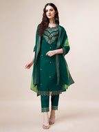 Hand Embroidered Chanderi Kurta With Pant And Dupatta Set Premium, Multicolor - Hiral Fashion - Distacart