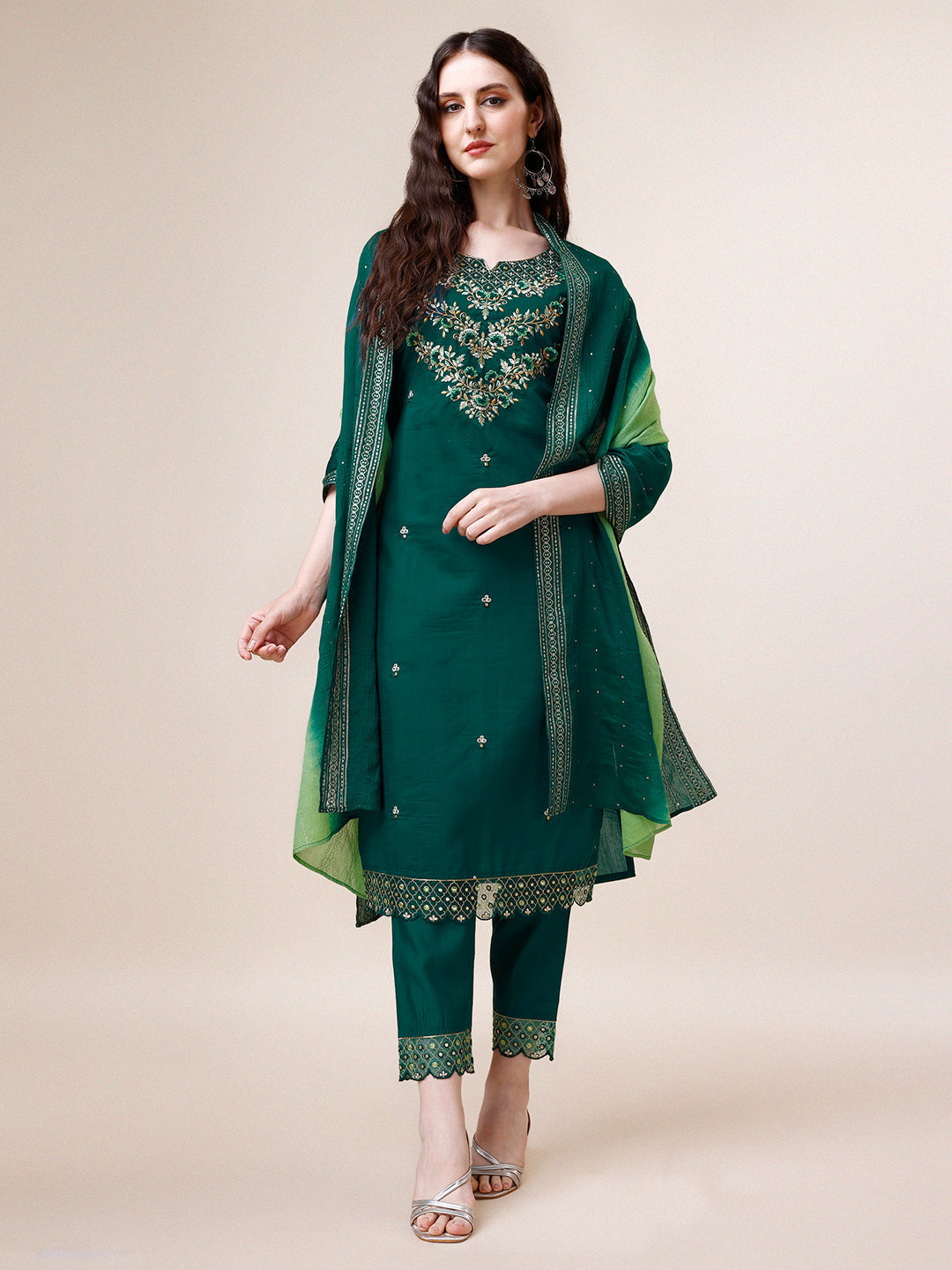 Hand Embroidered Chanderi Kurta With Pant And Dupatta Set Premium, Multicolor - Hiral Fashion - Distacart