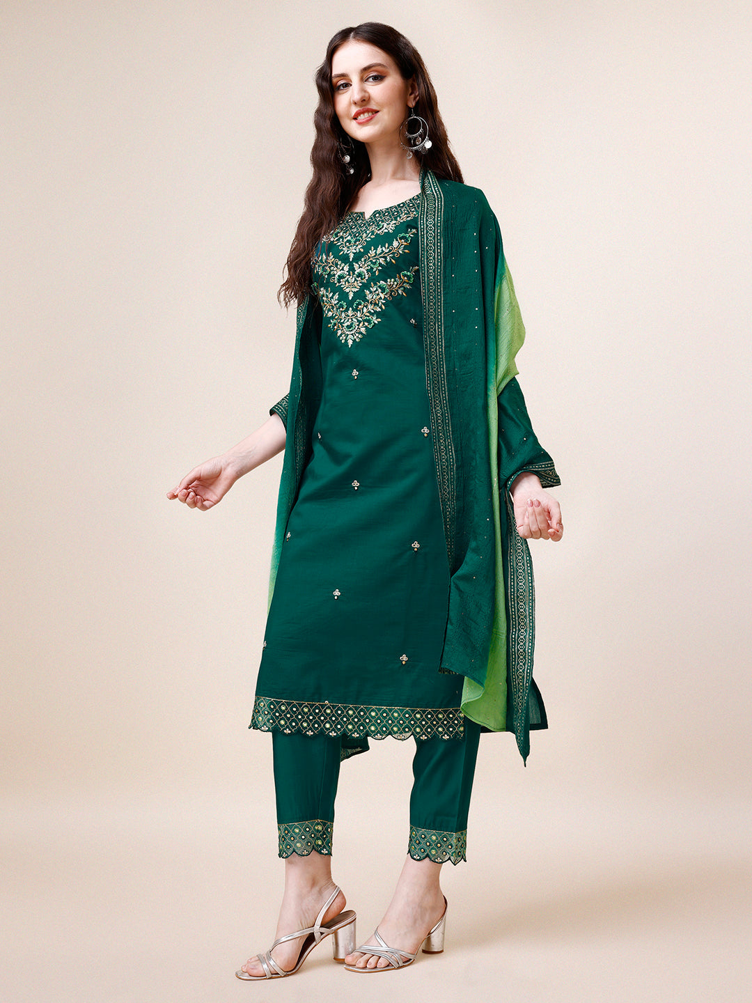 Hand Embroidered Chanderi Kurta With Pant And Dupatta Set Premium, Multicolor - Hiral Fashion - Distacart