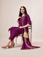 Hand Embroidered Kurta With Pant & Dupatta Set, Multicolor - Hiral Fashion - Distacart