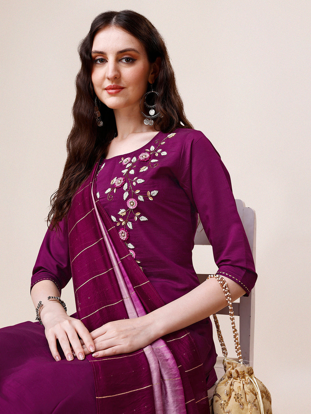 Hand Embroidered Kurta With Pant & Dupatta Set, Multicolor - Hiral Fashion - Distacart