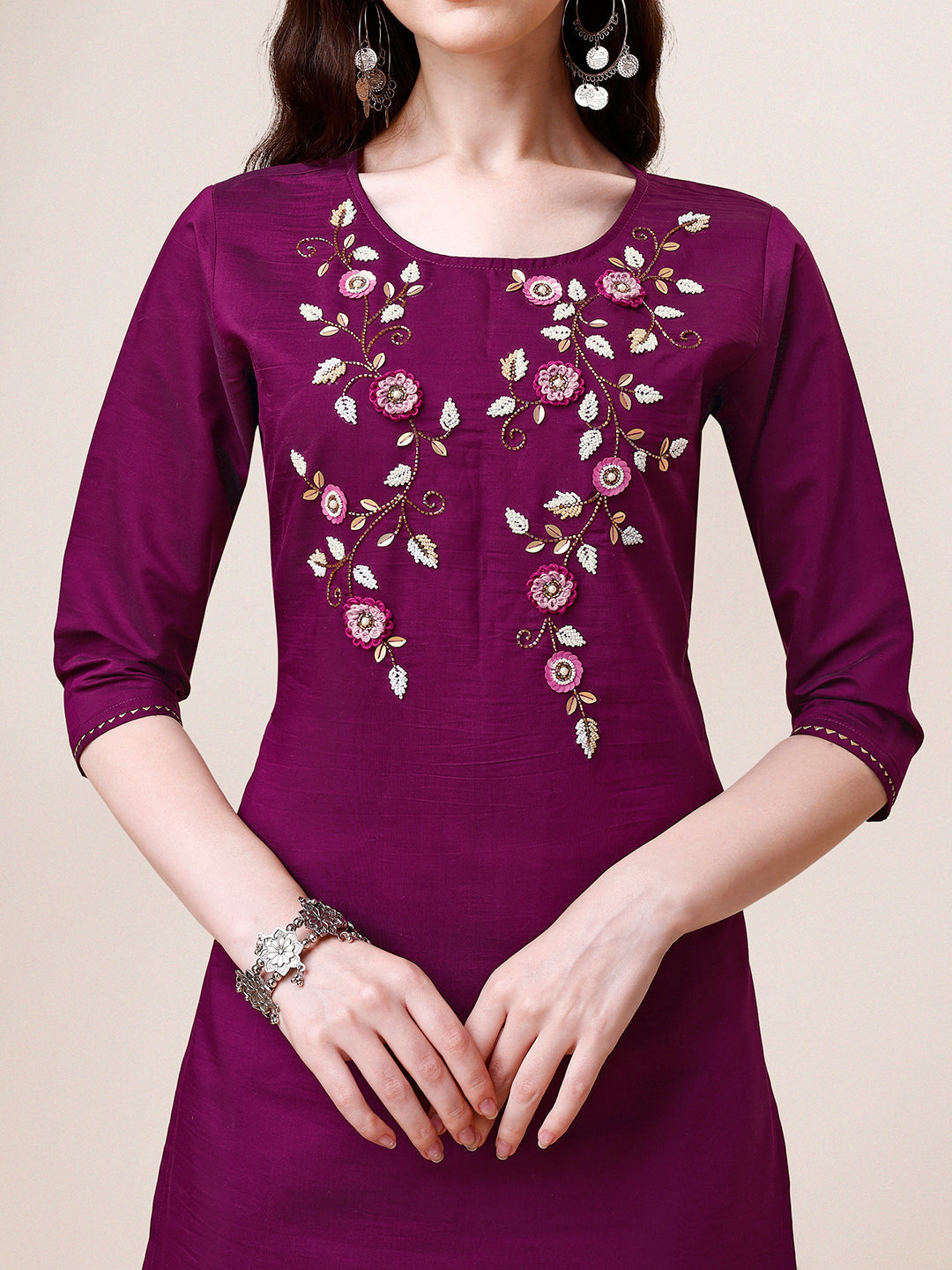 Hand Embroidered Kurta With Pant & Dupatta Set, Multicolor - Hiral Fashion - Distacart