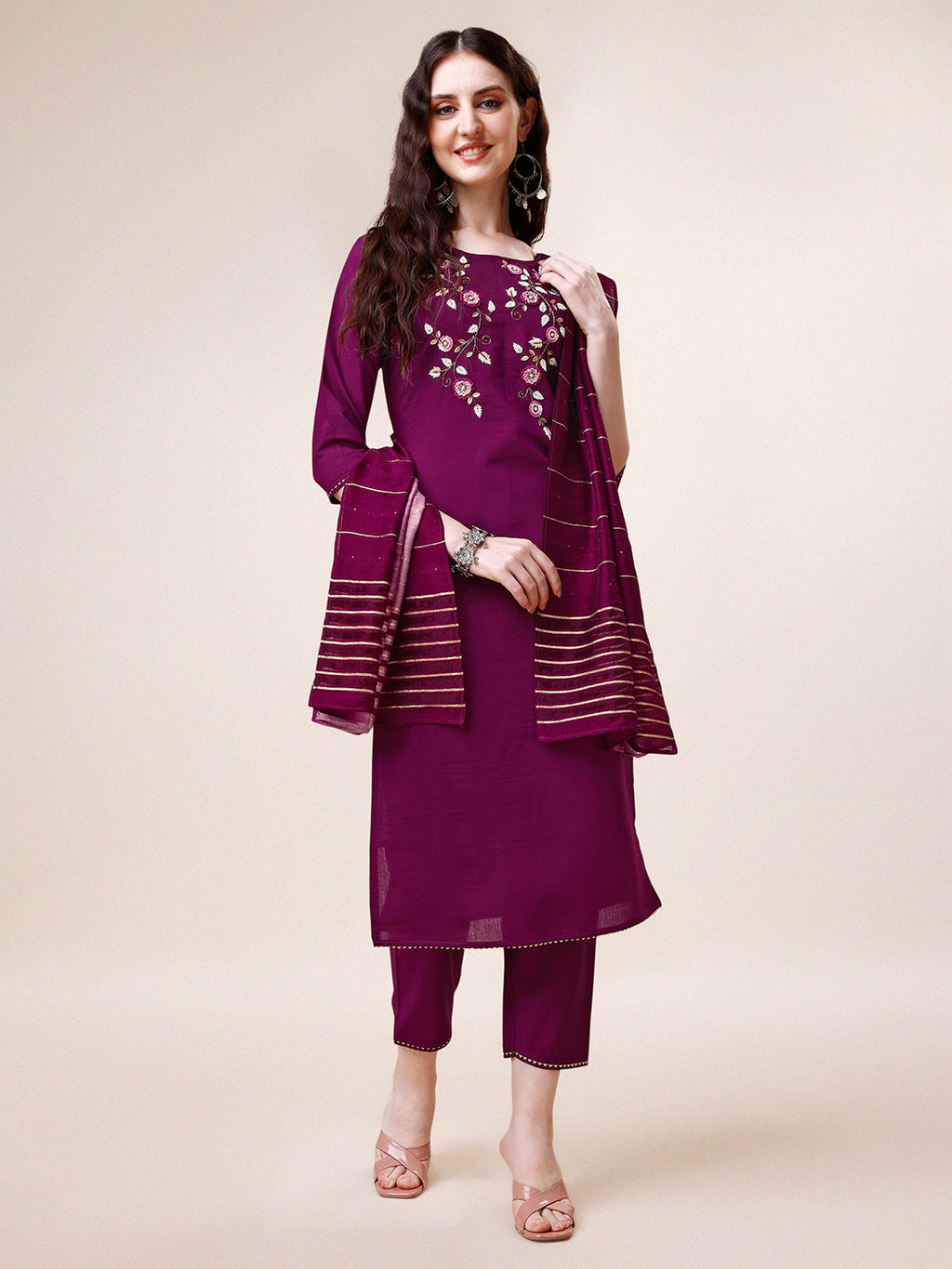 Hand Embroidered Kurta With Pant & Dupatta Set, Multicolor - Hiral Fashion - Distacart