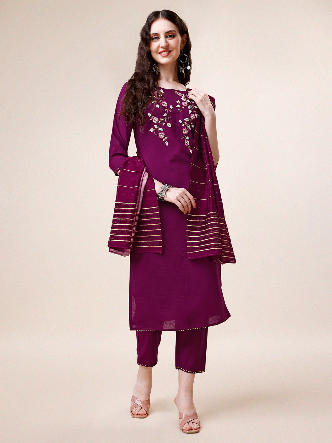 Hand Embroidered Kurta With Pant & Dupatta Set, Multicolor - Hiral Fashion - Distacart