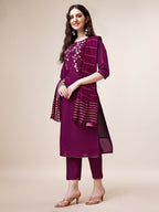 Hand Embroidered Kurta With Pant & Dupatta Set, Multicolor - Hiral Fashion - Distacart
