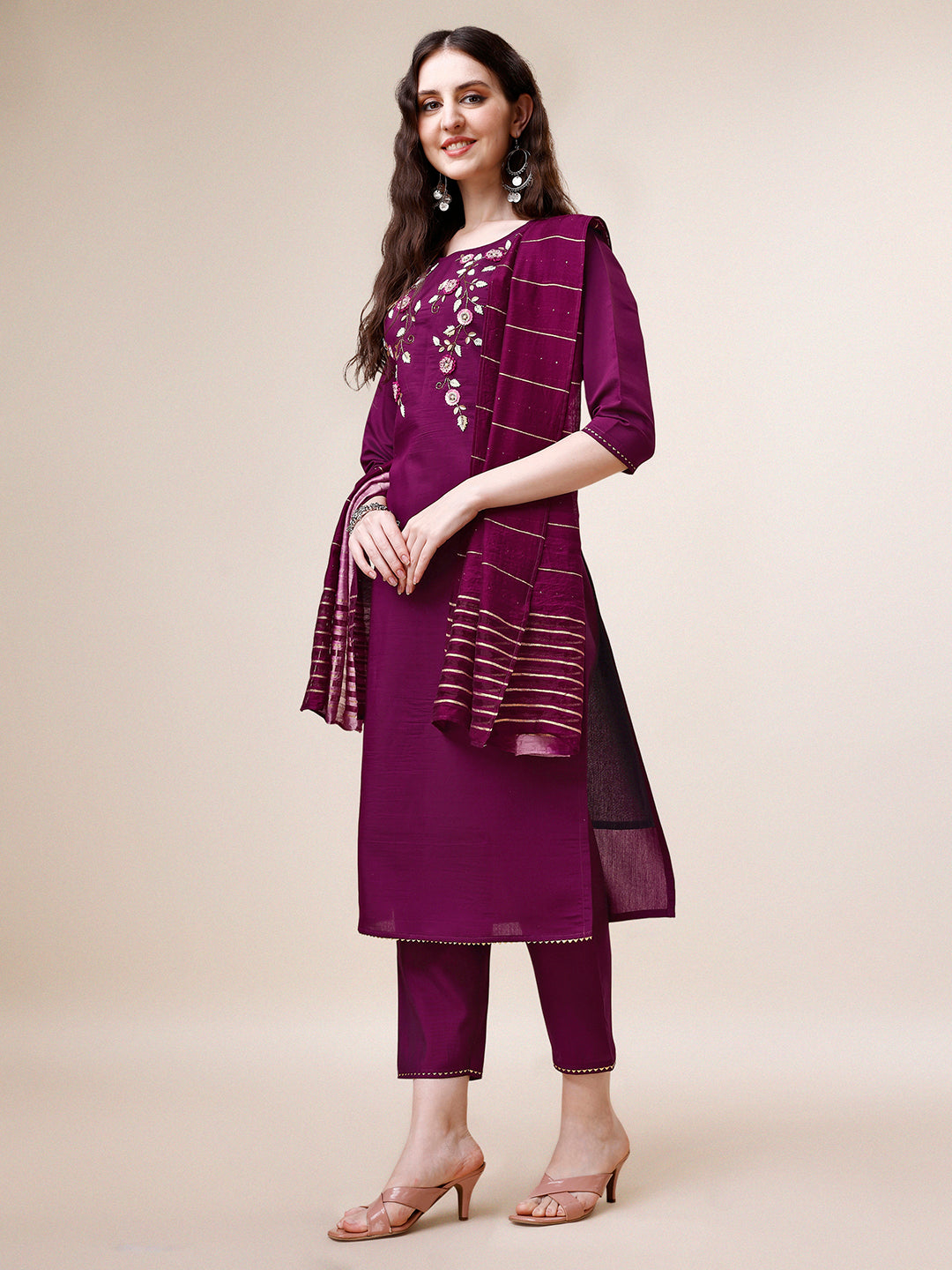 Hand Embroidered Kurta With Pant & Dupatta Set, Multicolor - Hiral Fashion - Distacart