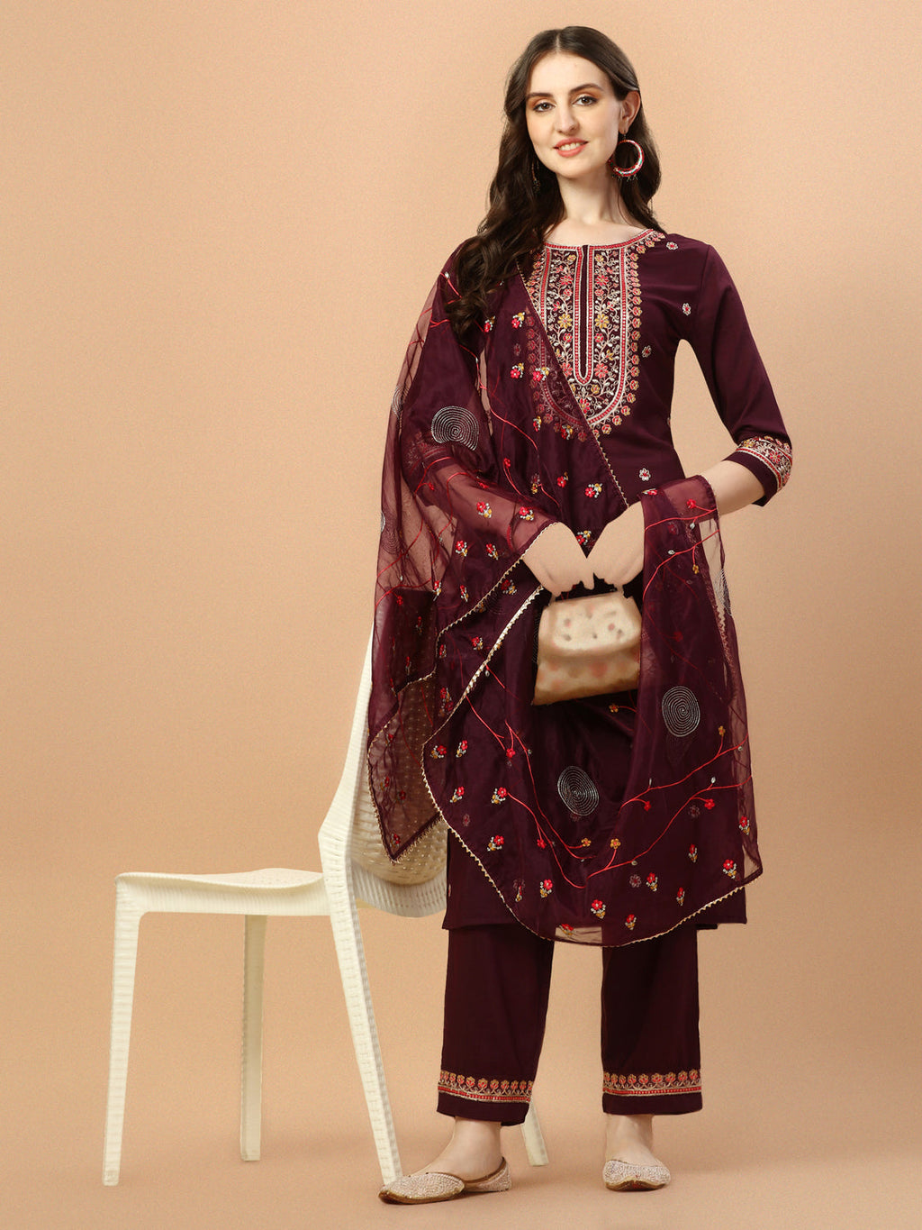 Embroidered Kurta With Pant & Embroidered Organza Dupatta, Multicolor - Hiral Fashion - Distacart