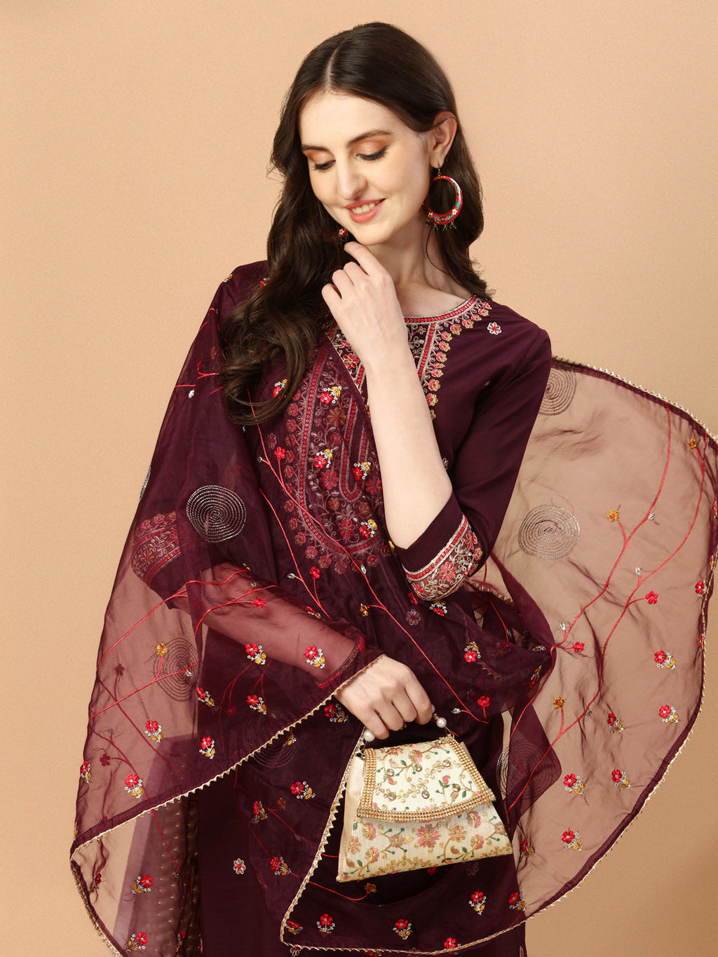 Embroidered Kurta With Pant & Embroidered Organza Dupatta, Multicolor - Hiral Fashion - Distacart