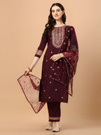 Embroidered Kurta With Pant & Embroidered Organza Dupatta, Multicolor - Hiral Fashion - Distacart