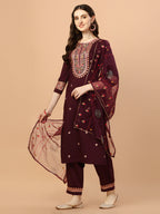 Embroidered Kurta With Pant & Embroidered Organza Dupatta, Multicolor - Hiral Fashion - Distacart